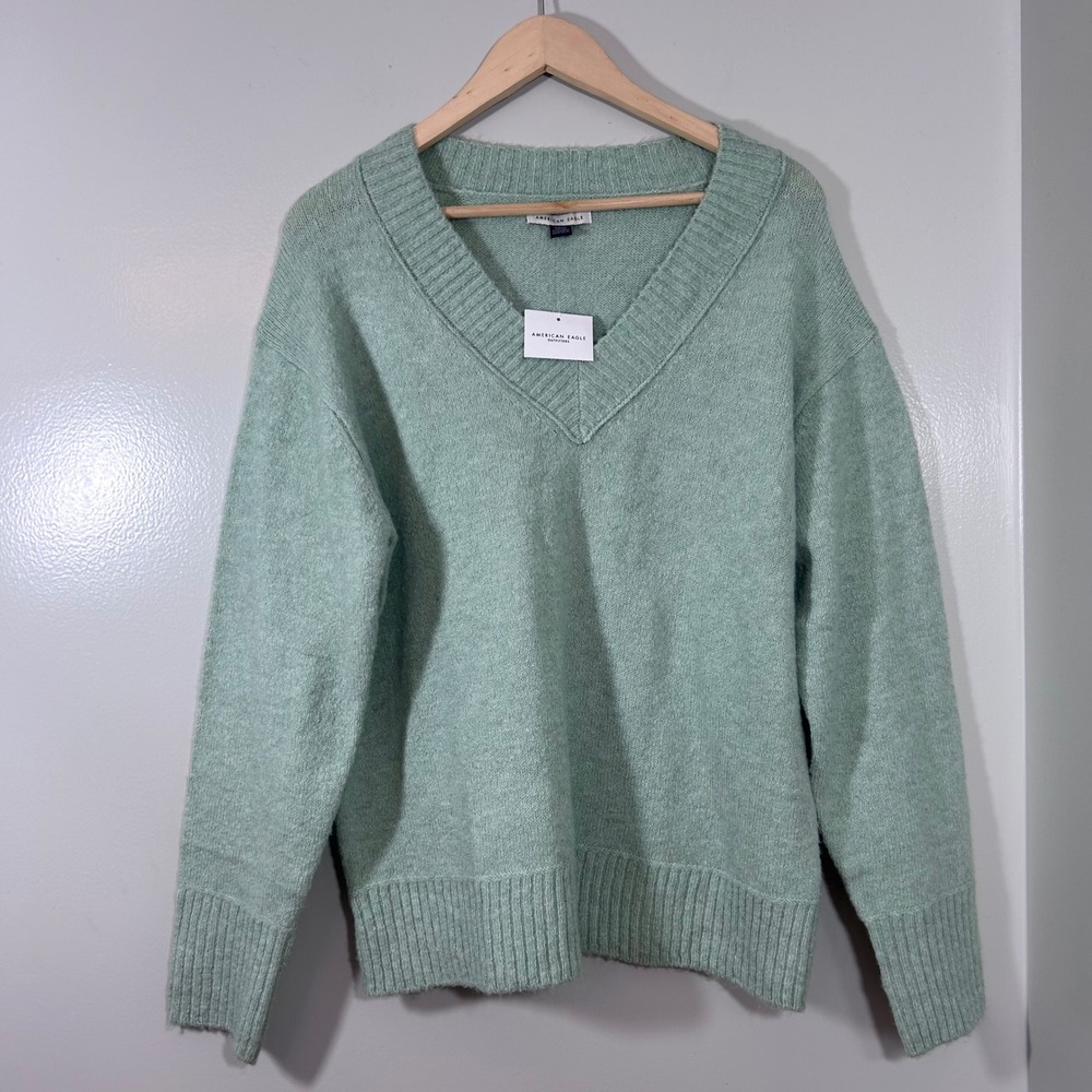 American Eagle V-Neck Sweater Sage Green Oversized Knit Pullover Small